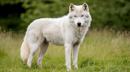Obraz premium Majestic white wolf standing alert in grassy meadow, forest backdrop