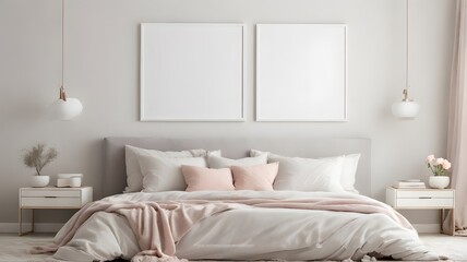   Blank white canvas art mockup displayed above a light grey bed with fluffy pillows, soft white bedding, and pastel wall background