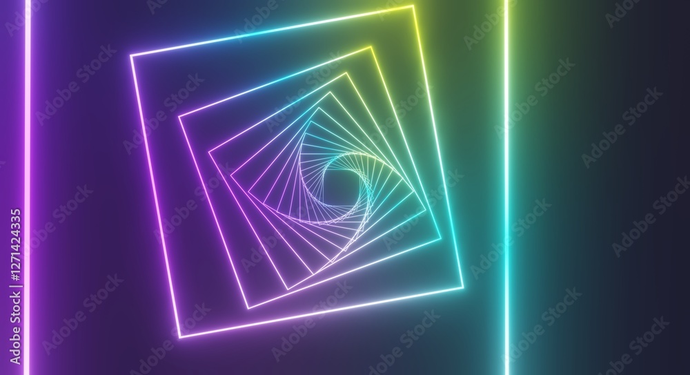Poster abstract geometric pattern of glowing colorful neon squares in dark background 3d rendering
