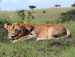 Obraz premium Lion resting on a grassy savanna