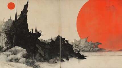 Crimson sun dramatically lights stark black mountain landscape. AI Generated