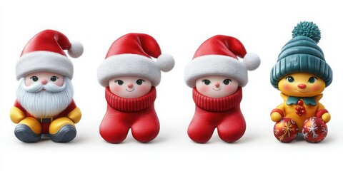 Christmas figurines including Santa Claus, snowmen, and festive holiday toys arranged in a winter-themed decoration

