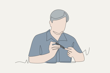 Colored man checking blood test measuring cholesterol and blood sugar. Blood test concept one-line drawing