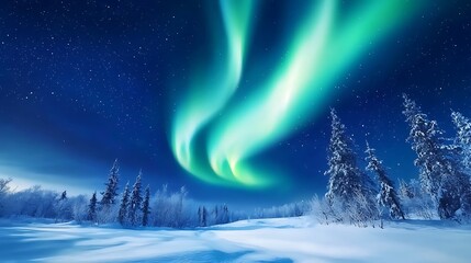 Naklejka premium Northern Lights over snowy forest at night