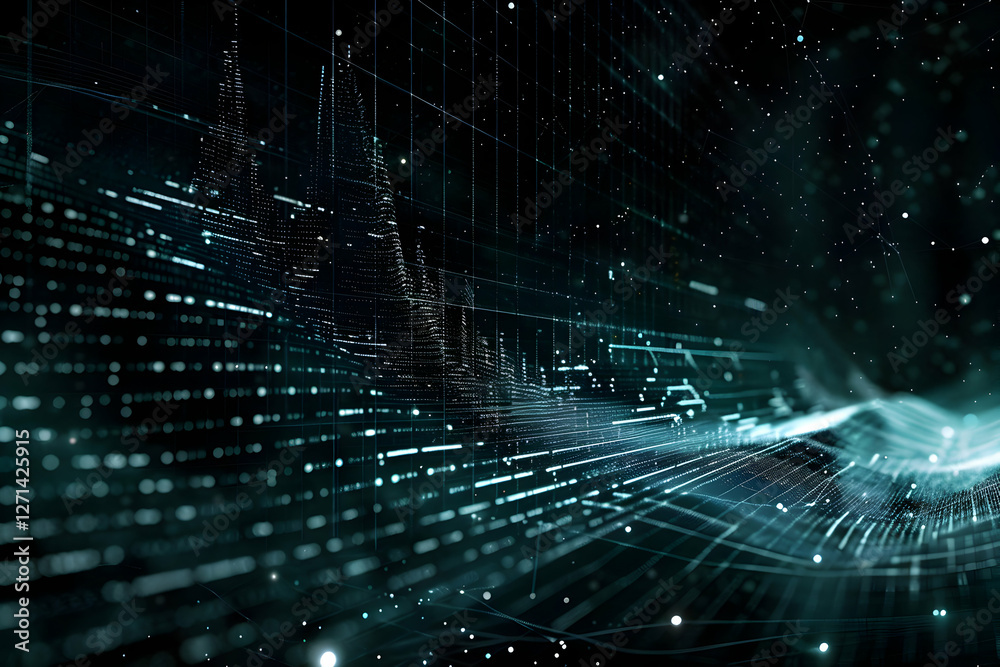 Poster abstract digital visualization of data flow with glowing lines and particles in a dark environment
