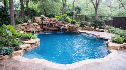 Naklejka premium Serene backyard oasis with natural stone waterfall and lush greenery