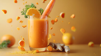 Carrot juice mixed with fresh orange, ginger and chopped turmeric