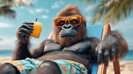 Gorilla is relaxing on a beach chair with a drink in his hand. The scene is lighthearted and fun, with the gorilla wearing sunglasses and a straw in his drink