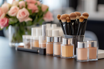 Asortyment pędzli do makijażu i butelek podkładu na blacie z różami w tle
