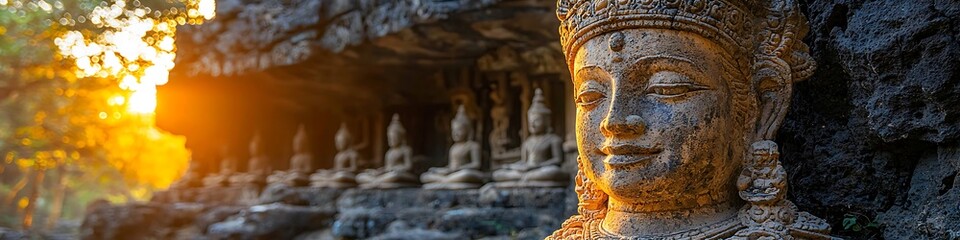 Ancient cultural site with religious statues and traditional rituals, emphasizing historical and spiritual heritage 
