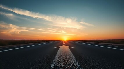 Fototapeta premium White arrow on asphalt road during sunset, symbolizing path to success, direction, business, career, future, guidance, journey, destination, asphalt road, arrow, direction