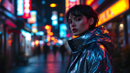 Obraz premium A young girl in a stylish March coat looks into the distance against the background of city lights