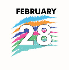 February 28 Vector Shape with white background of image and multicolor background of date. 28th day of February. Daily date of calendar