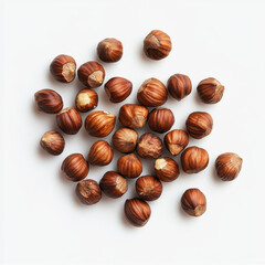 Obraz premium Nut Delight: A collection of fresh, wholesome hazelnuts, captured in a high-angle, macro shot. Experience the earthy tones and rich textures of these delicious, healthy nuts.