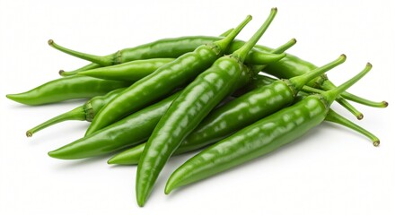 Fototapeta premium A fresh bunch of vibrant green chili peppers with a smooth, glossy texture, laid out on a white background.