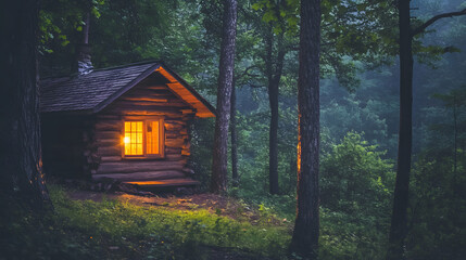 A secluded cabin in the woods at twilight. The faint glow of a lantern flickers through the window, but no one is inside. The sound of a door creaking can be heard from within.