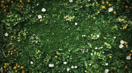 Top view of a lush green grass field with vibrant wildflowers scattered across, perfect for spring and summer designs.