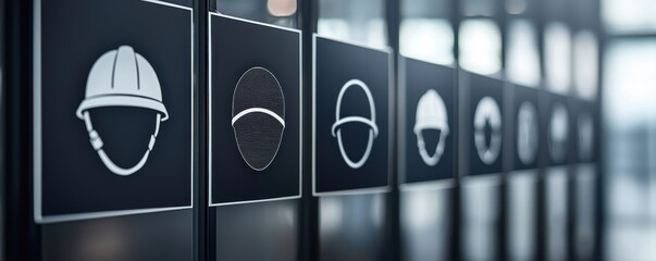 A series of icons depicting various safety helmets and masks, emphasizing workplace safety and personal protective equipment.