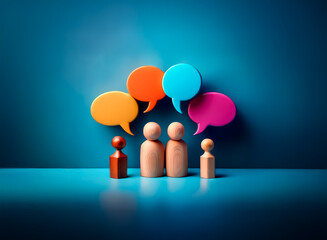 Wooden figures stand under colorful speech bubbles against a blue backdrop, symbolizing communication and family discussions, representing diverse perspectives and dialogue.