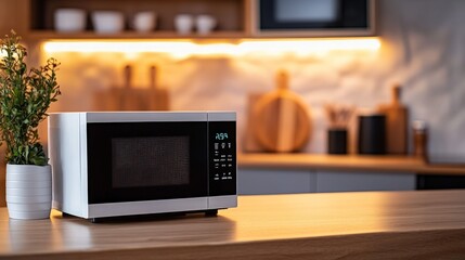 Modern microwave kitchen counter cooking warm light