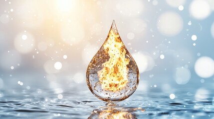 Climate change resilience temperature rise crisis. A striking image of a water droplet containing flames, symbolizing the contrast between water and fire against a soft, blurred background.