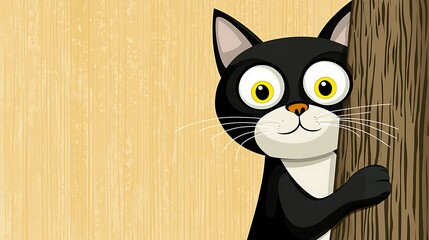 Playful black cat peeking tree, wood background, child's book illustration