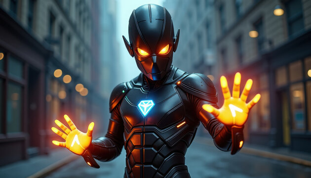 Futuristic superhero man displaying power with glowing hands in city alley
