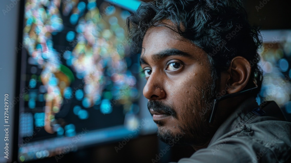 Poster An individual wearing a headset is intently analyzing data on multiple monitors filled with colorful maps and visualizations, in a dimly lit environment that enhances concentration.