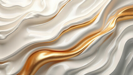 Abstract liquid flow with smooth curves and metallic accents in gold and silver