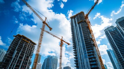 Construction activities are in full swing as workers utilize cranes for building a tall structure amid a vibrant city skyline, with fluffy clouds in a clear blue sky overhead