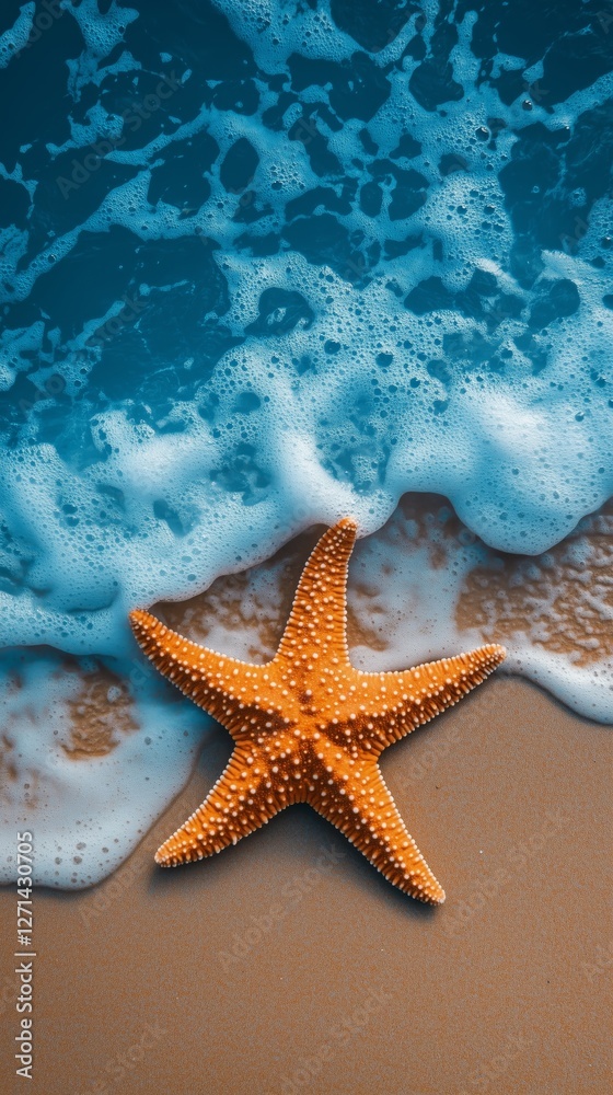 Wall mural Starfish rests on sandy beach as waves gently wash ashore in sunny coastal location