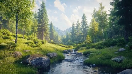 Fototapeta premium Beautiful natural landscape with trees, grass, and a stream of water 