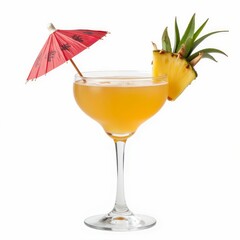 Refreshing Cocktail with Pineapple Slice and Red Umbrella Drink Garnish on Bright Background