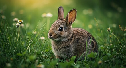 Fototapeta premium A young brown rabbit sits in a green meadow, surrounded by grass and small white flowers, with soft sunlight casting a warm glow.