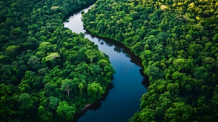 Fototapeta premium Aerial view of a winding river surrounded by lush green rainforest, showcasing nature's beauty