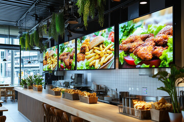 Modern Industrial Fast Food Restaurant Interior Mockup, AI