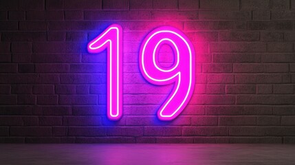 Vibrant neon number 19 glowing against dark brick wall