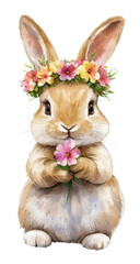 Cute rabbit wearing a floral crown, holding a pink flower with a charming expression