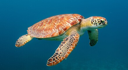 Fototapeta premium A majestic sea turtle with a beautifully patterned shell glides effortlessly through the deep blue ocean, showcasing its natural grace and elegance.