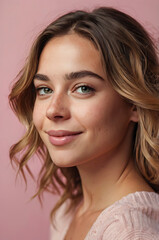 Obraz premium Smiling Young Woman with Long Wavy Hair Against a Soft Pink Background