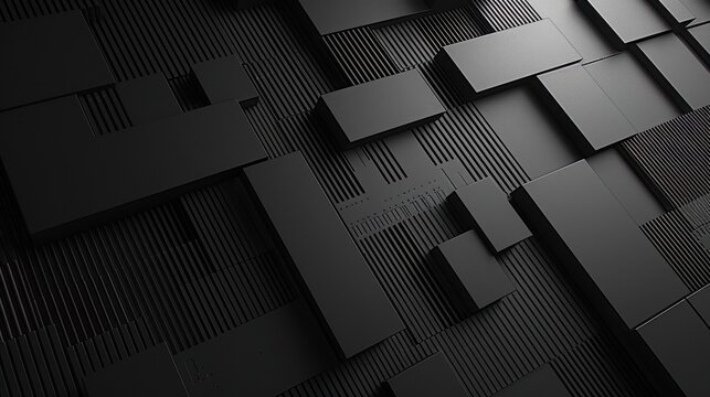Abstract black geometric wall design with layered panels creating depth and texture in modern space