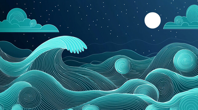 Ocean waves at night, under a full moon and starry sky  Linear art style