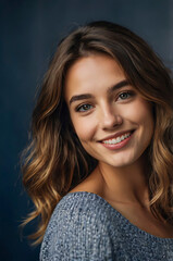 Naklejka premium Charming Portrait of a Smiling Young Woman with Wavy Hair and a Casual Look