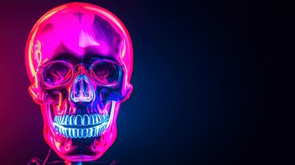 Obraz premium Neon Skull Glowing in Dark and Light Cyberpunk Style Illustration for Halloween and Horror