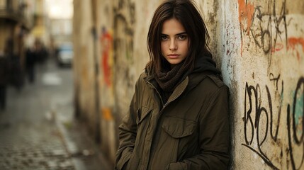 Teenager with hands in pockets wearing a dark jacket posing against a wall with graffiti, , urban street style portrait for fashion and lifestyle blogs, for street photography and youth culture blogs