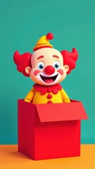 Fototapeta premium Smiling clown pops out of a red box ready to surprise on April Fools' Day. Clown in bright clothes and hat. Fun and prank concept, suitable for postcard, banner or poster.