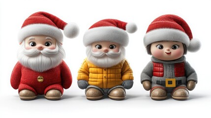 Fototapeta premium Cute Christmas figurines of Santa Claus and festive characters in colorful winter outfits on white background