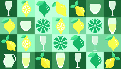 Lemon geometric background. Vector minimalist style pattern. Bauhaus trend. Abstract illustration of lemon, leaves, symbols. Simple icon.	
