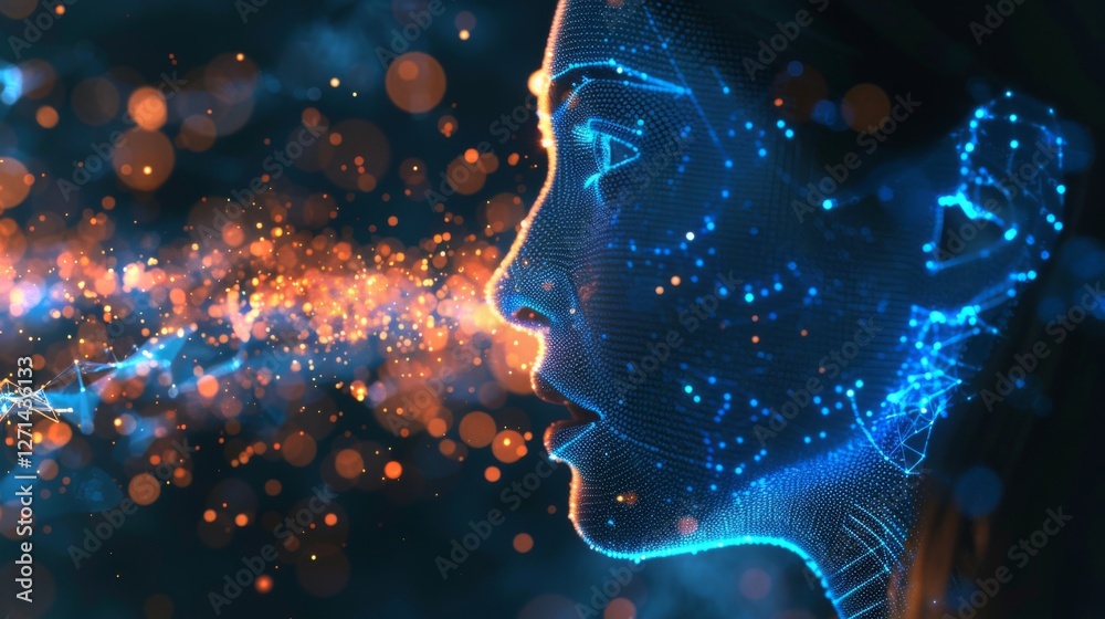 Aufkleber A womans profile is illustrated with glowing digital lines and particles that create an ethereal effect, representing the fusion of technology and art in a creative context.