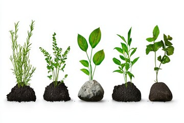 A variety of plants growing from soil mounds, showcasing nature's beauty and diversity in green life.